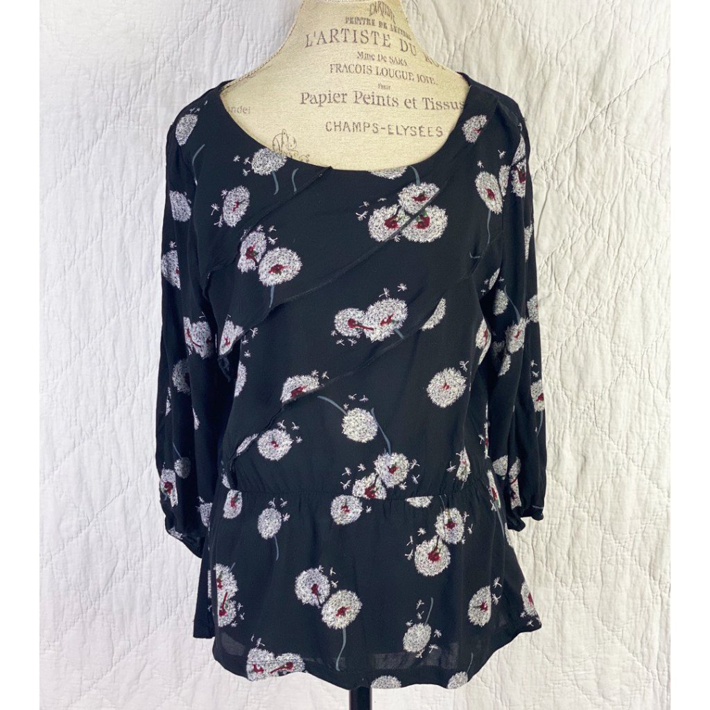 Anthropologie Wished Bloom Dandelion Deletta Black Floral Blouse